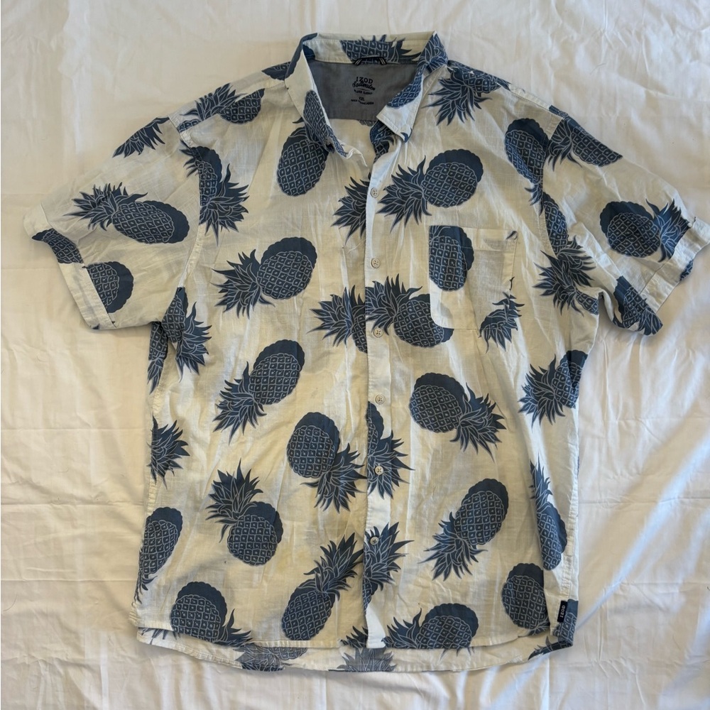 IZOD “Saltwater” Men’s Casual Button Down Shirt in Blue/White Pineapple Sz XXL